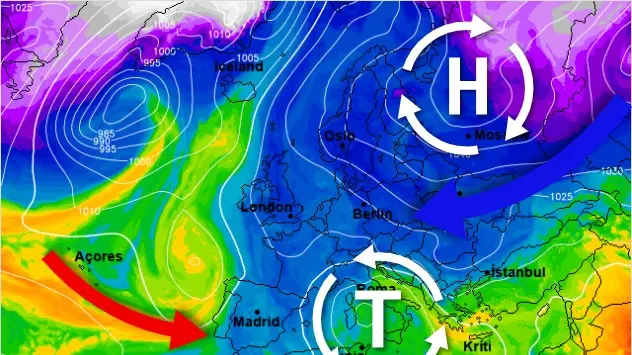 Ein Wetterkarte zeigt Hochdruckgebiete und Tiefdruckgebiete in Europa