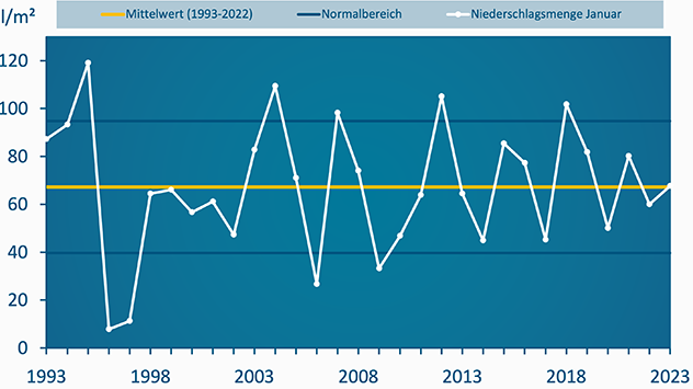 Mit rund 68 Liter Niederschlag pro Quadratmeter kam im Januar 2023 knapp zehn Prozent mehr Niederschlag zusammen als in der Referenzperiode.