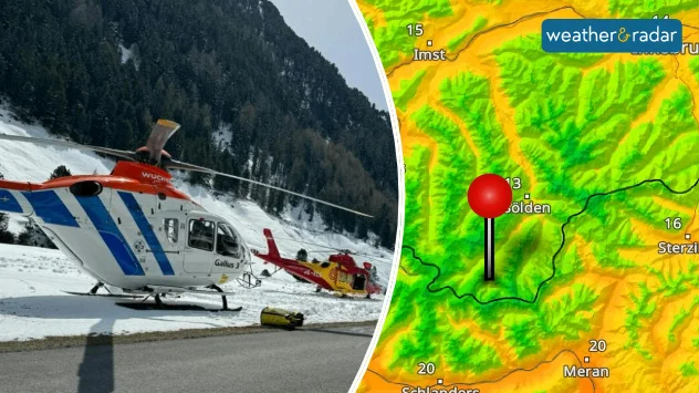 L - Helicopter at the site of an avalanche accident. R - Temperature map of the Tyrol, Austria area.