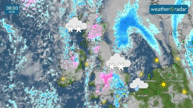 Weather radar showing snow and rain