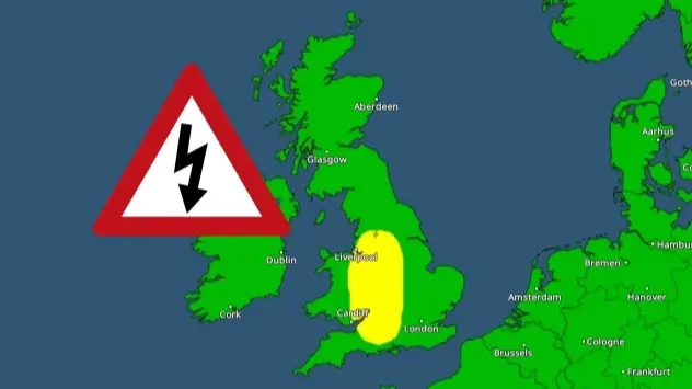 Warning map showing thunderstorm warnings in parts of England and Wales on Saturday May 18th