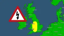 Warning map showing thunderstorm warnings in parts of England and Wales on Saturday May 18th