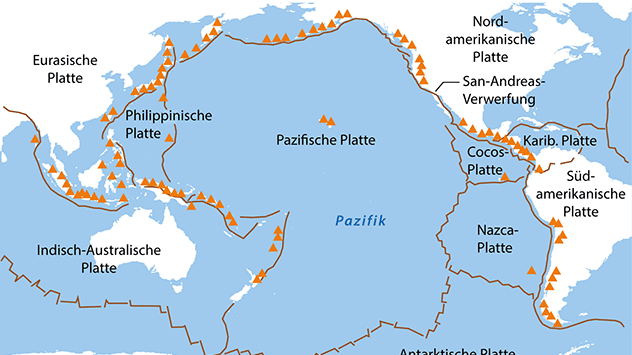Die neu entstandene Insel liegt auf dem pazifischen Feuerring. An den Plattengrenzen (dunkel roten Linien) gibt es häufigErdbeben und Vulkanausbrüche.