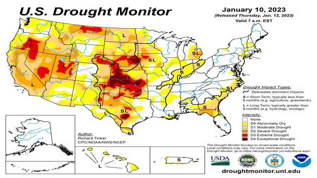 Drought monitor released on Jan. 10, 2023 for the United States.
