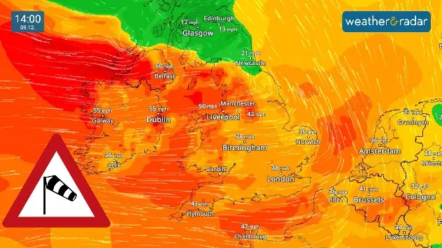 Wind map showing gale force winds