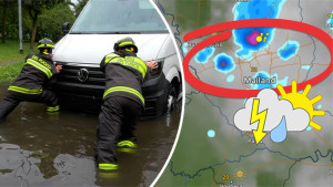 Feuerwehrleute im Einsatz und WetterRadar