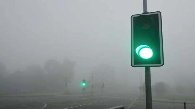 Foggy conditions in the roads. Drive safely, use low beams, high beams reflect more light, obstructing visibility more. 