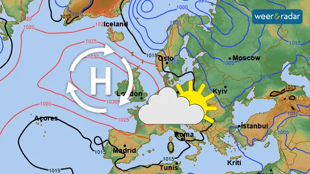 Een krachtig hogedrukgebied breidt zich vanaf het weekend oostwaarts uit. 
