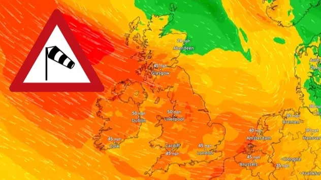 Wind map of the UK and Ireland showing strong winds reaching 50 mph across both countries
