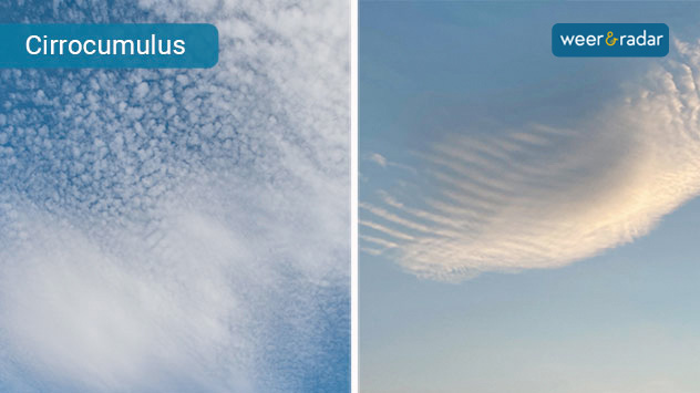 Cirrocumulus is eveneens één van de hoge wolken. De wolken bestaan ​​uit kleine clusters (links), die soms in golven zijn gerangschikt (rechts).