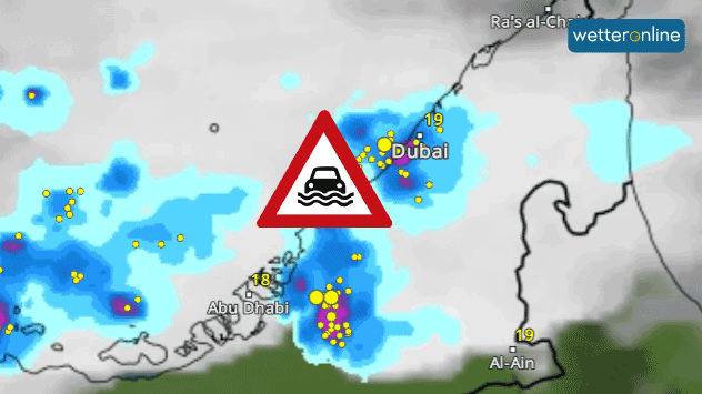 Unser weltweites WetterRadar zeigt die heftigen Gewitter in den Vereinigten Arabischen Emiraten.