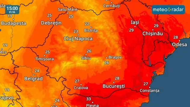 Temperaturile prognozate pentru sâmbătă, 21 octombrie, ora 15. Dați clic pe imaginea pentru harta interactivă.