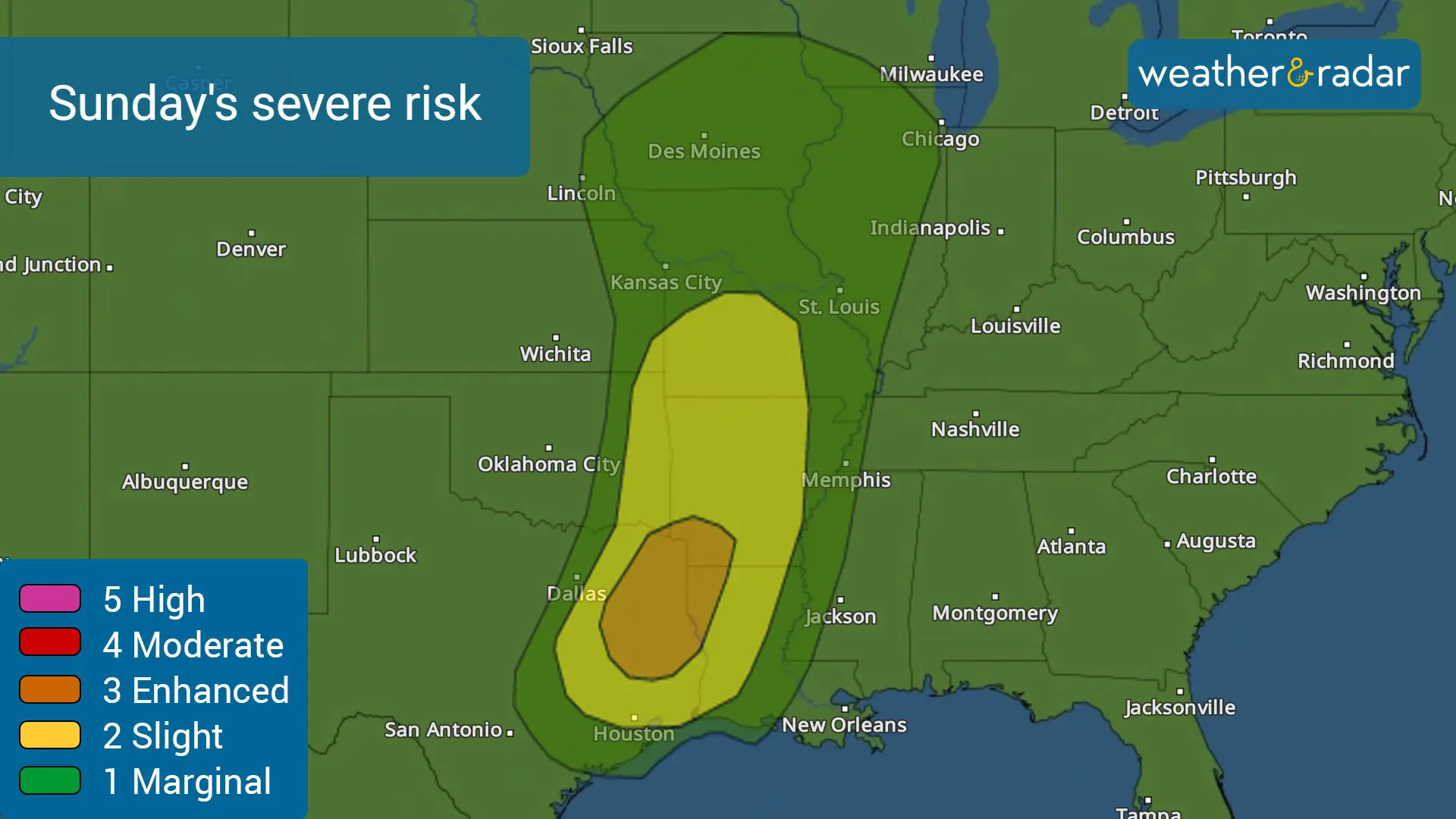 Sunday's risk for severe storms include an enhanced risk over eastern Texas and northwestern Louisiana. 