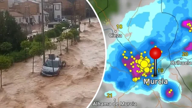 Sturzfluten in Murcia in Südspanien und WetterRadar-Bild