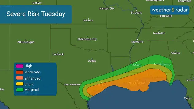 Numerous severe storms are possible on Tuesday across the Gulf Coast from Texas through western Florida. 