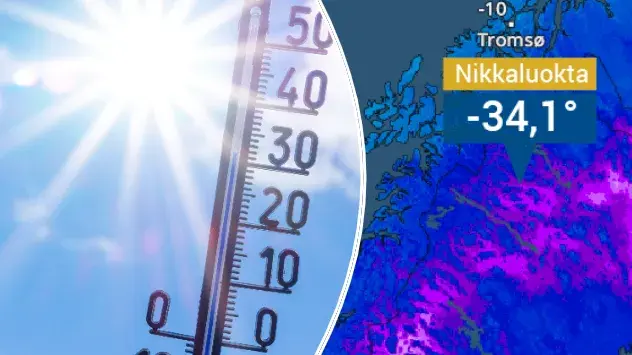 links: Thermometer mit 30 Grad vor Sonnenschein, rechts: Kälte mit minus 34,1 Grad in Skandinavien.