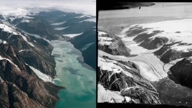 Til venstre ses Ujaraanaq-dalen i Vestgrønland i 2013. Til højre ses samme dal i 1936 fotograferet fra vandflyver i 1936, hvor fjorden er dækket af is
