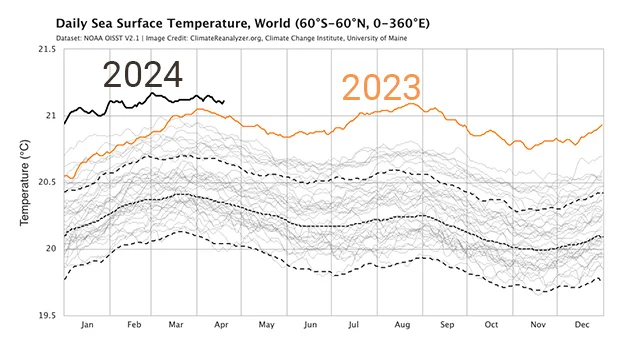 Abgebildet ist die weltweite Oberflächentemperatur der Meere über viele Jahre. Seit Sommer 2023 übersteigt diese frühere Kurven deutlich.