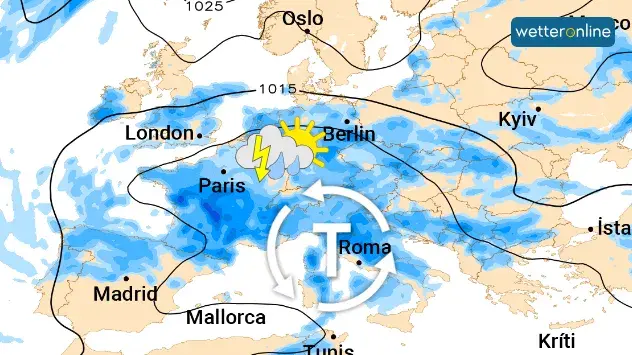 Nach jetzigem Stand bestimmt über Pfingsten ein Tief im Mittelmeerraum unser Wetter. Immer wieder kann es zu Regengüssen und Gewittern kommen.