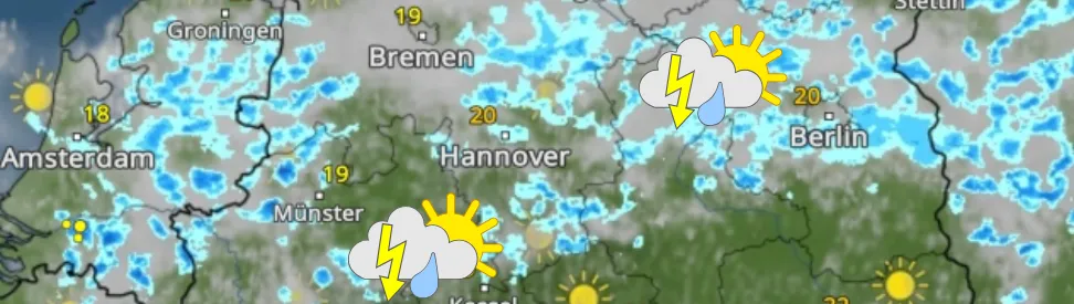 Der Schwerpunkt der Gewitter liegt in einem Streifen von Hamburg und Bremen bis Berlin sowie von Berlin in Richtung Eifel.