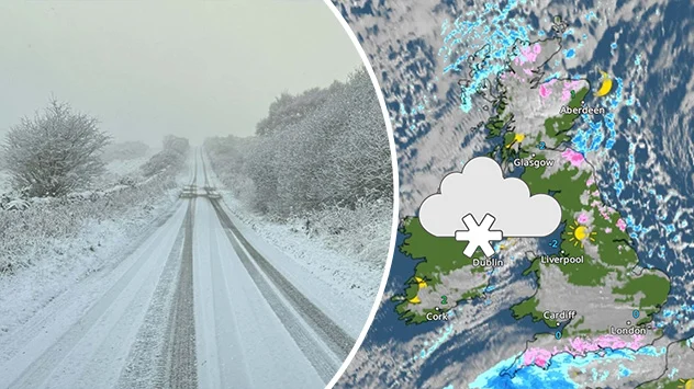 Split screen of snowy road and weather map