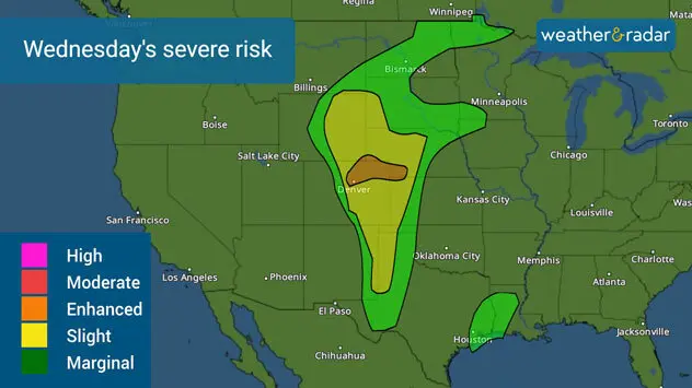 Wednesday's severe risk. First time sine 2018 that Denver metro area is under an enhanced risk for severe storms.