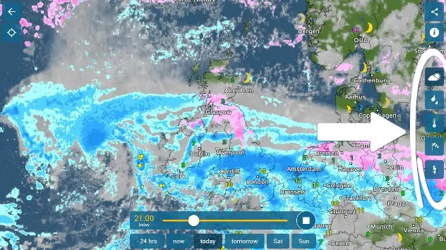Go between any of the five radar layers to explore different aspects of the current weather conditions.