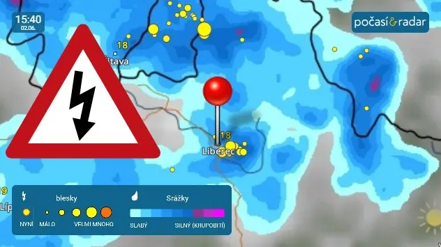 Das WetterRadar zeigt ein Gewitter über Liberec im Norden Tschechiens.
