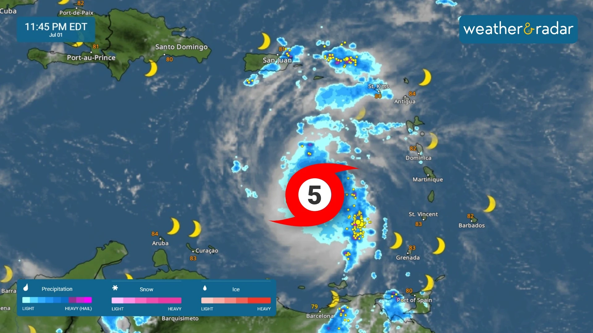 The WeatherRadar archive shows the approximate time Beryl attained category 5 status