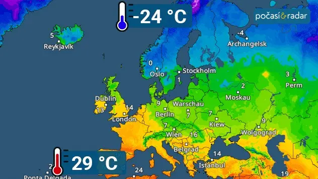 Das TemperaturRadar zeigt große Temperaturunterschiede zwischen Nord- und Südeuropa. 