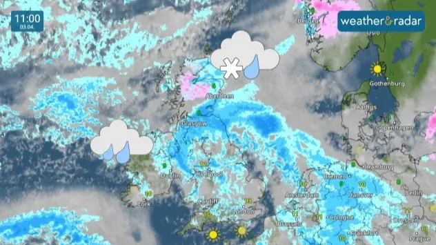 Weather map of the UK and Ireland showing rain and snow