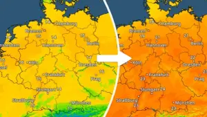 TemperaturRadar für heute mit Werten zwischen 10 und 15 Grad (links) und für Samstag mit 20 bis 25 Grad (rechts)