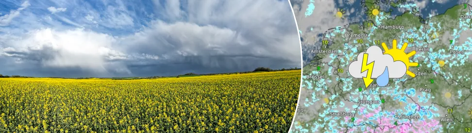 Aprilwetter mitten im April; Schauerwolke über Rapsfeld  (links) und WetterRadar mit Schauen (rechts)  (c) links: Thorsten Brehme
