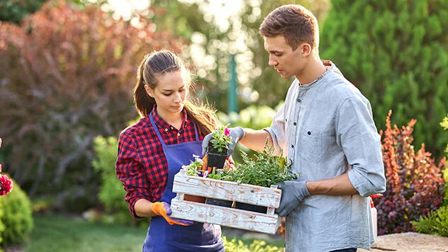 Garten und Balkon fit für den Frühling machen Paar bepflanzt Garten mit bunten Blumen