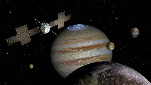 Художнє зображення місії ЄКА Juice для дослідження крижаних супутників Юпітера.
