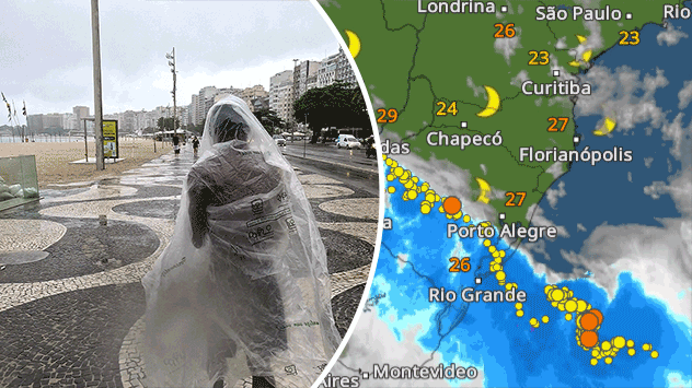 Starker Regen an der Copacabana in Rio de Janeiro und WetterRadar