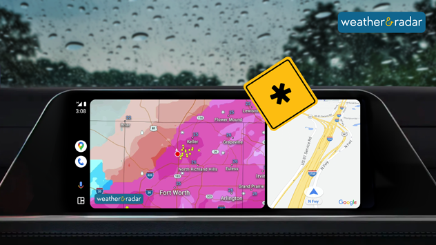 Weather & Radar display on Android Auto shows heavy wintry precipitation across the Dallas-Fort Worth metro area.