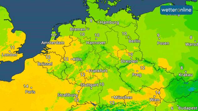 Laut TemperaturRadar werden am Mittoch Spitzenwerte um 10 Grad erreicht