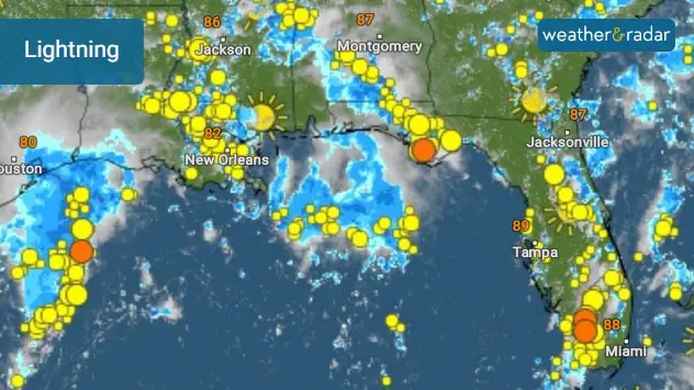 Lightning is shown as yellow and orange dots on the WeatherRadar.