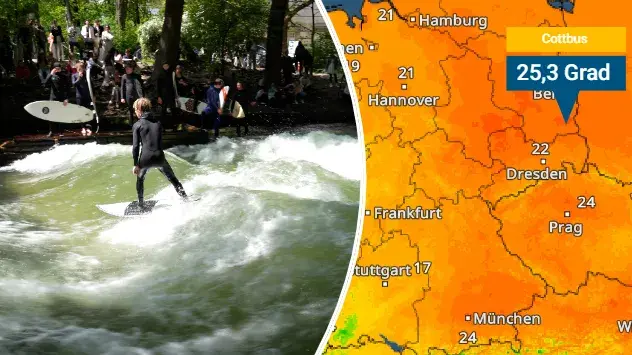 Surfer auf Eisbachwelle in München - Karte zeigte Höchstwerte vom Sonntag