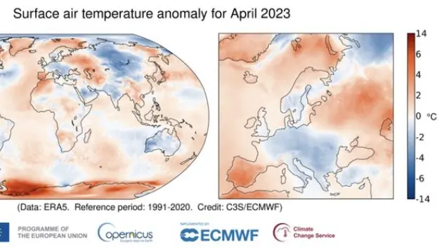 Surface air temperature anomaly for April 2023 relative to the April average for the period 1991-2020