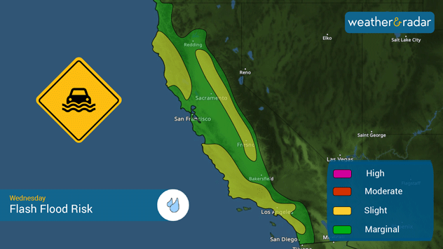 First round of storms from Pineapple Express on Thursday. Flash flood risk for California 