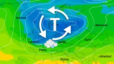 Die Wetterkarte zeigt, das ein Tief gefüllt mit kalter Luft nördlich von Deutschland liegt und langsam übergreift. 