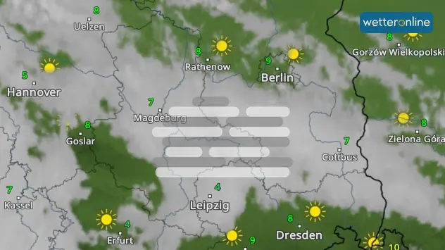 Das WetterRadar zeigt die scharfen Nebelgrenzen im Osten bis zur Landesmitte.  