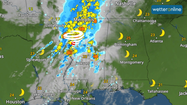 Das WetterRadar zeigt die für den Tornado ursächliche Gewitterzelle am Freitagabend gegen 20 Uhr Ortszeit. 