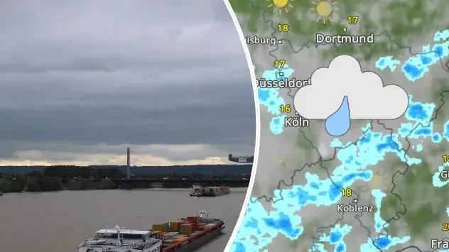Bild mit grauem Himmel aus Bonn (links), WetterRadar mit Wolken und Regen (rechts)