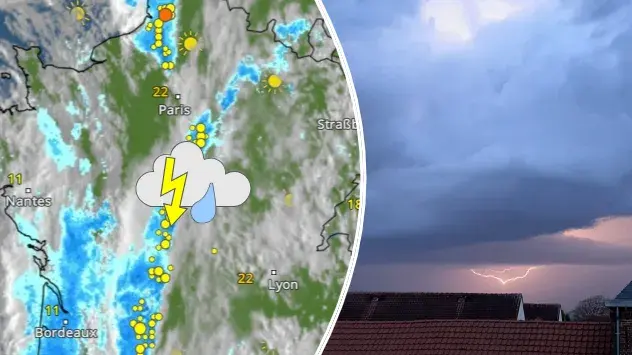 links: Unwetterfront über Frankreich im WetterRadar; rechts: Gewitter mit Blitz