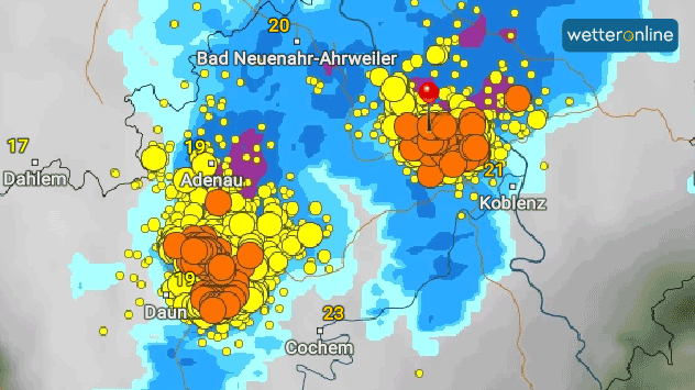 WetterRadar-Bild von der Gewitterzelle bei Koblenz