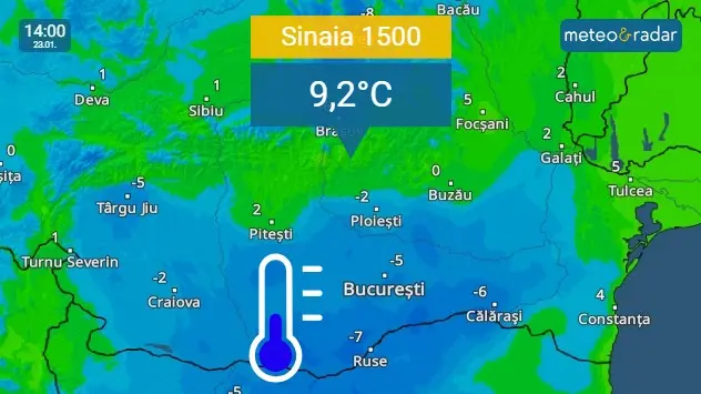 Harta temperaturii arată valori pozitive în zonele de munte, în timp ce în Câmpia Română era mult mai frig.