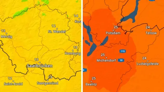 TemperaturRadar-Vergleich zwischen dem Saarland und Brandenburg